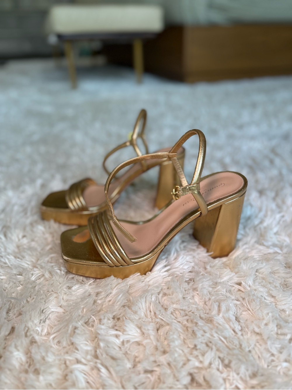 Gianvito Rossi Gold Leather Platform Block Heel Sandals - well worn